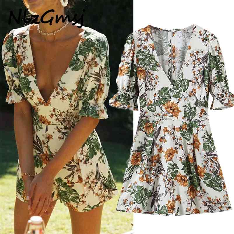 

Jumpsuit Women Chic Flower Print Trim Chiffon Mini Ladies V-Neck Short Flared Sleeve Rompers Vestidos 03 210628, As picture