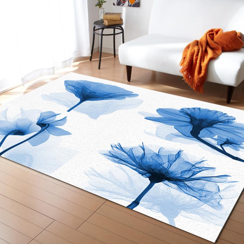 

Carpets Oil Painting Style Blue Flower Printed Floor Mat Door Mats Lounge Rug Kids Carpet Living Room Bedroom Modern Home Decoration, As pic
