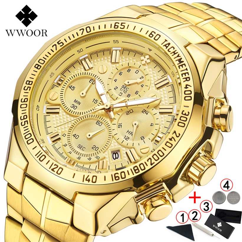 

Relogio Masculino Wrist Watches Men Top Brand Luxury WWOOR Golden Chronograph Gold Big Male Wristwatch Man 220113, Gold black