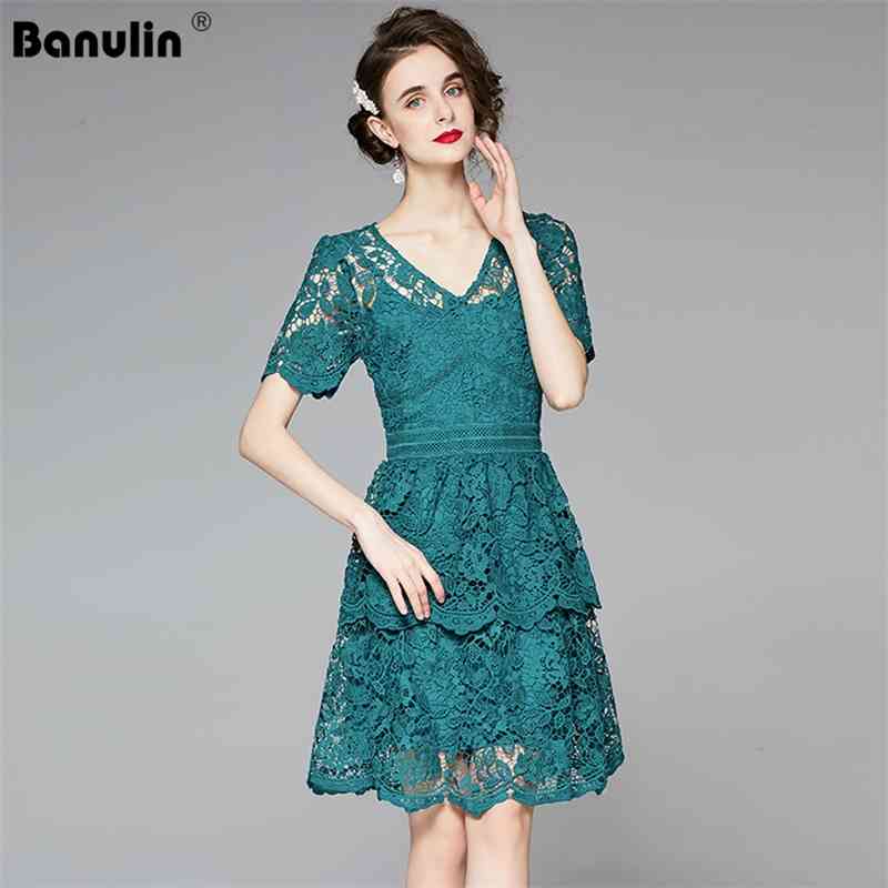 

Banulin Summer Runway Dress Green Hollow Out Short Sleeve Mini Elegant Zipper A-Line Vintage Embroidery Party 210603