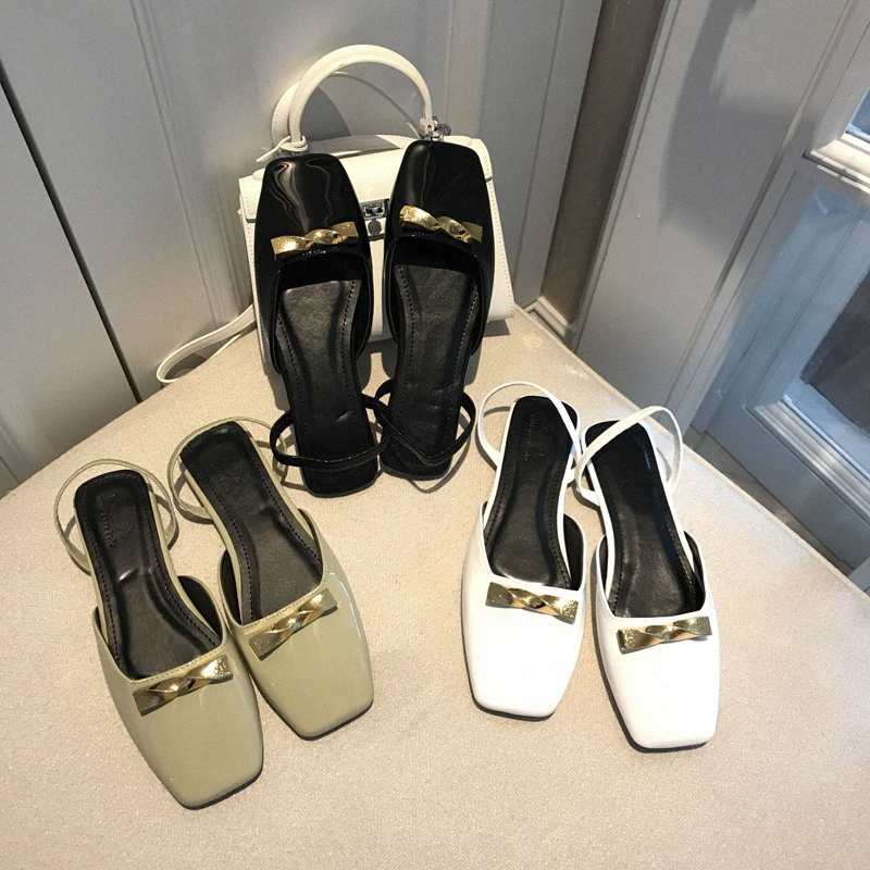 

Square Toe Mules Woman Metal Decoration Flat Slipper Summer Slingback Sandals Fashion Slip On Flats Shoes Leather Zapatos Mujer L8N0#, Black