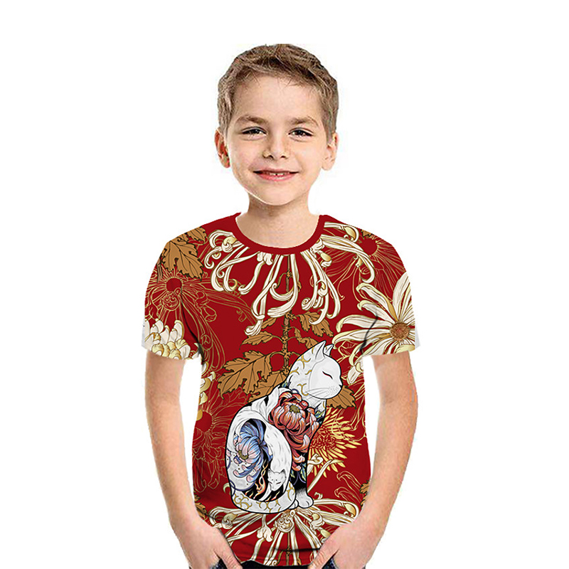 

White cat pattern children 3D printed T-shirt animal print summer daily sports shirt round neck short sleeve high quality, Blue