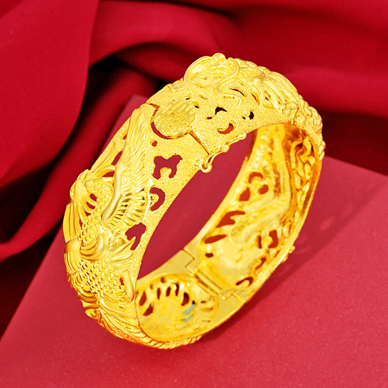 Hot Wedding Bracelet Dragon and Phoenix Bangle 18k Yellow Gold Filled Traditional Fashion Womens Jewelry Gift-image-663525780