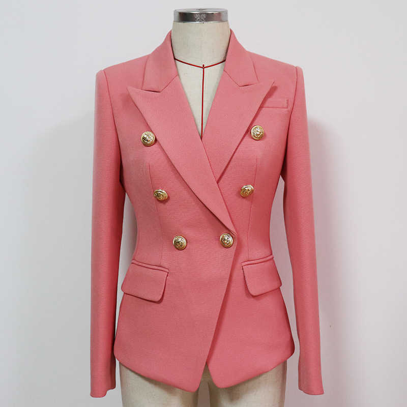 

HIGH QUALITY est Designer Jacket Women's Classic Lion Buttons Double Breasted Slim Fitting Pique Blazer 210526, Pink