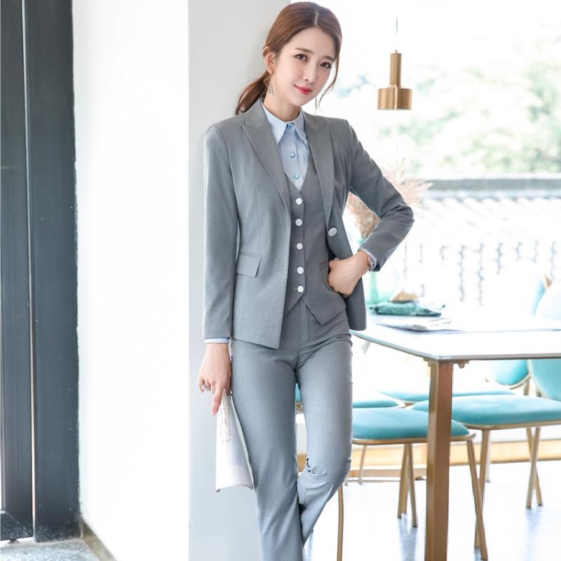 

Women' Suits & Blazers Formal Ladies Grey Blazer Women Business With 3 Piece Vest, Pant And Jacket Sets Pantsuits OL Style, Black