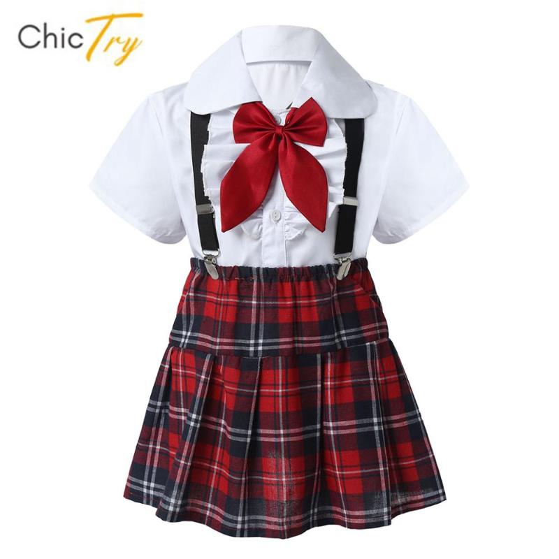 

Clothing Sets Kids Girls Dance Performance Suit Short Sleeve Shirt Tops Suspenders Plaid Skirt Student School Uniforms Children Choir Costum, White