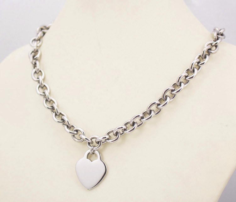 

10mm width stainless steel metal silver chain link necklace for women large heart pendant charm 2.9cm*2.4cm heart blank tags