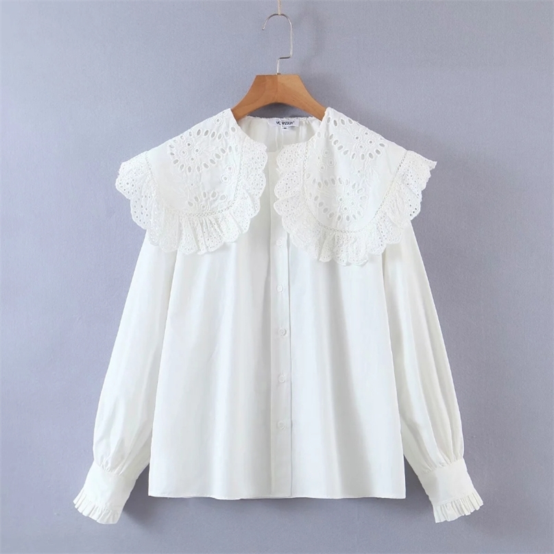 

Women Hollow Embroidery Turndown Collar White Shirts Female Long Sleeve Blouses Casual Lady Loose Tops Blusas S8277 210719, As pic