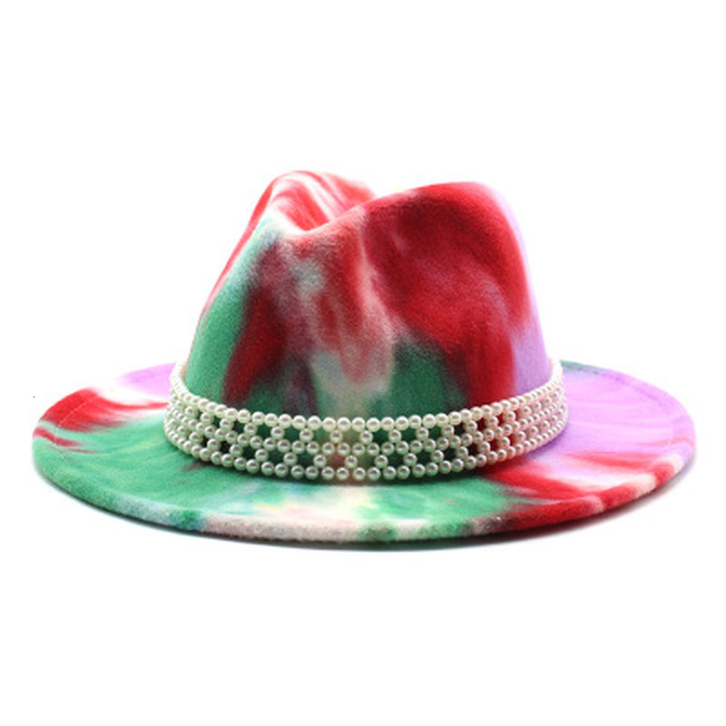 

2021 New Women Hats Autumn Tie Dye Pearl Band Belt Fedora Multicolor Wide Brim Luxury Designed Casual Vintage Green Winter Hat Yoqh