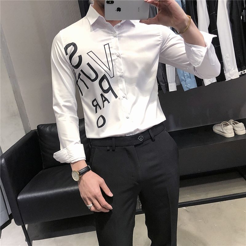 

New 2021 Spring Men's Business Leisure Trend Letter Printed Shirt Men Streetwear Camisa Social Masculina Black White Q4an