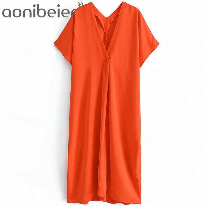 

Fashion Casual Orange Satin Dress Summer Raglan Sleeve V Neck Women Loose Midi Folds Detail Female Pullovers 210604
