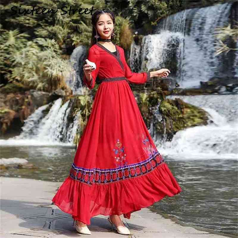 

Maxi Red Chiffon Vintage Long Women Dress Embroidery V-neck Evening Party Elegant Vestidos De Fiesta Summer 210603, Blue