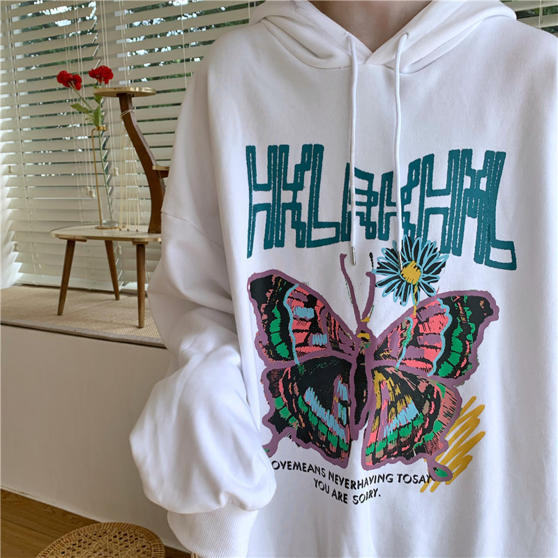 

2021 Butterfly Letter Print Cotton Oversized Sweatshirt Women Hoodie Autumn Long Sleeve Kawaii Teens Pullovers Japan Style 43q0, Red