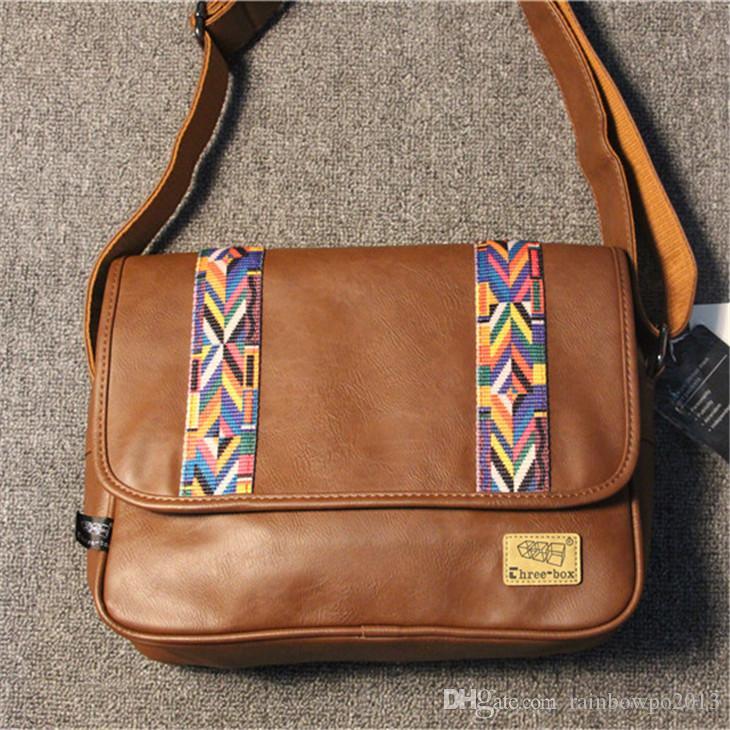 

wholesale men handbag Japan and South Korea trend leather Messenger bag casual retro striped men bag England Ribbon leather messenger bag, Brown