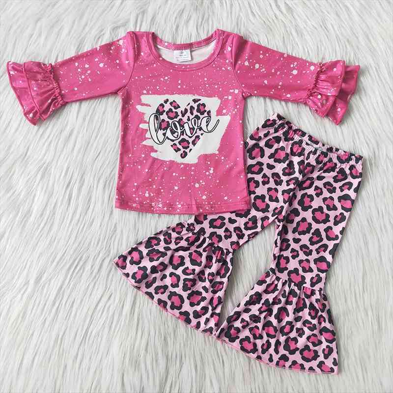

kids toddler heart pattern clothes girls rose red leopard bells set children valentines day outfit, White