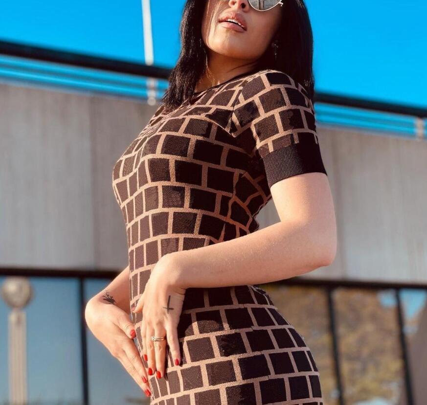 

Women casual dresses long sleeve Dress Fashion Letter Pattern antumn knitted sweater Summer Short Sleeves High Quality Womens, Brown