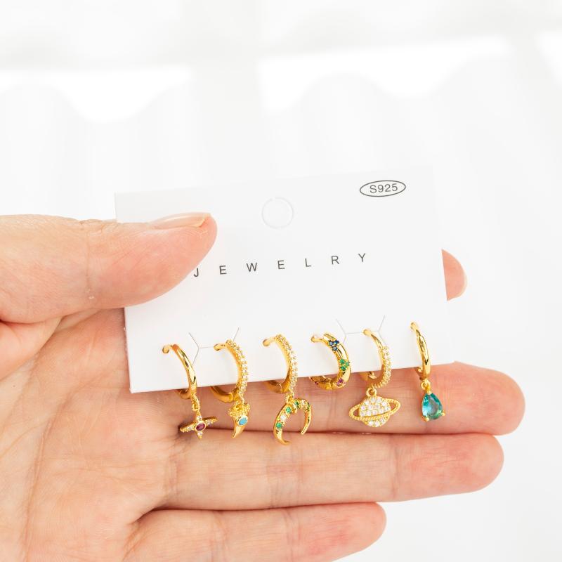 

Hoop & Huggie SIPENGJEL 6 Pcs Set Star Mon Pendant Earrings Colorful Rainbow Zircon For Women Jewelry Gift