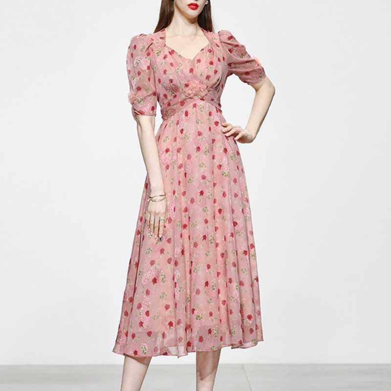 

Summer Women Long Vintage Chiffon Floral Dress Runway Elegant Boho Retro Casual High Waist Slim Vacation Dresses Robe 210526, Photo color