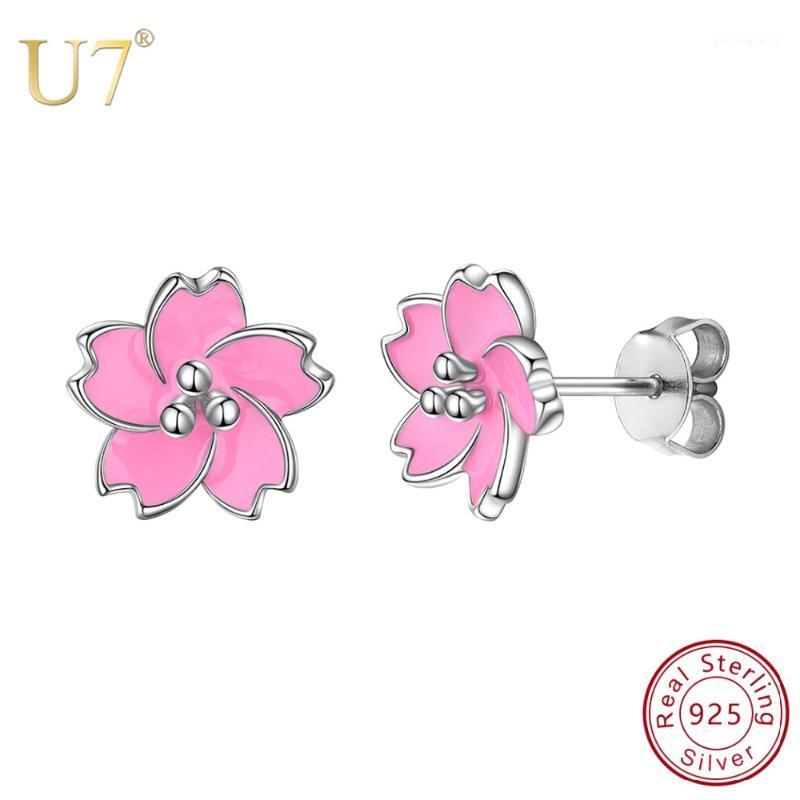 

Stud U7 Authentic 925 Sterling Silver Cherry Blossom Earrings Pink Enamel For Women Jewelry Valentine's Day Gift SC274, Golden;silver