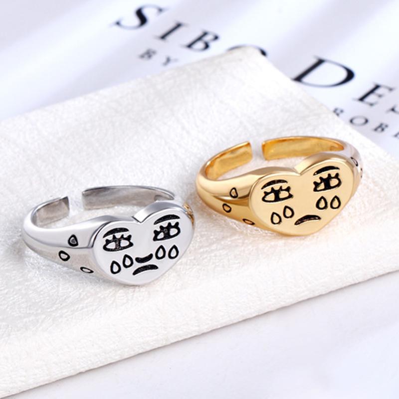 

Cluster Rings Retro Love Crying Face Open Ring For Women Simple Ancient Silver Color Cute Sad Tears Faces Adjustable Jewelry Gift KAR319, Golden;silver