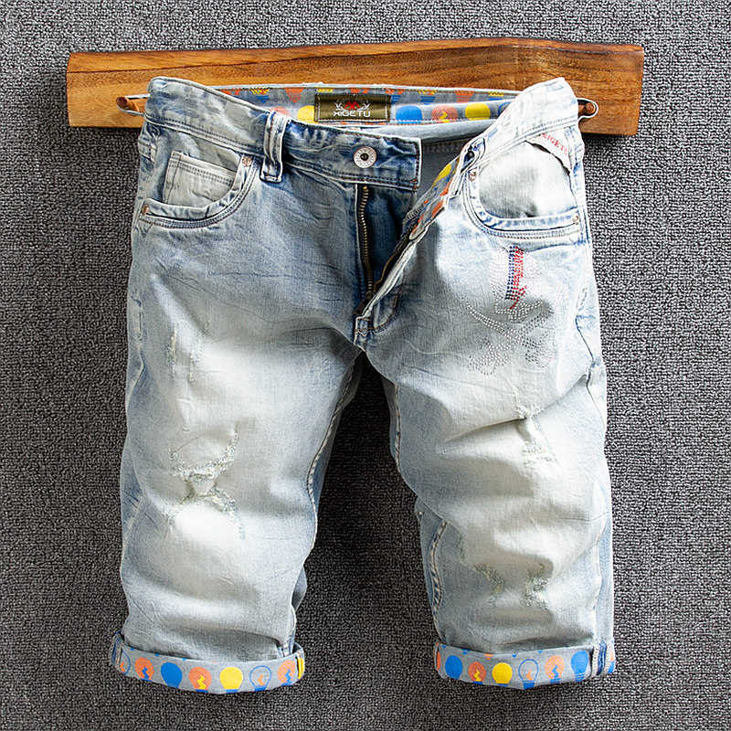 

Summer Streetwear Fashion Men Jeans Retro Light Blue Elastic Printed Designer Ripped Denim Shorts Korean Style Short C9SW