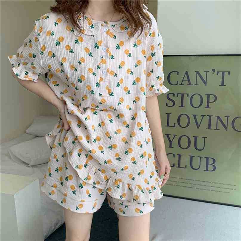 

Soft Cotton Comfortable Homewear All Match Printed Casual Summer Loose Gentle Two Piece Pajamas Sets 210525, Blue