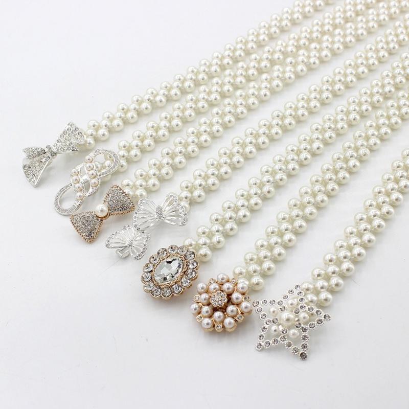 

Belts Elegant Women Pearl Waist Belt Elastic Buckle Chain Female Girls Dress Crystal Strap Star Love Heart Butterfly Accessories, Black