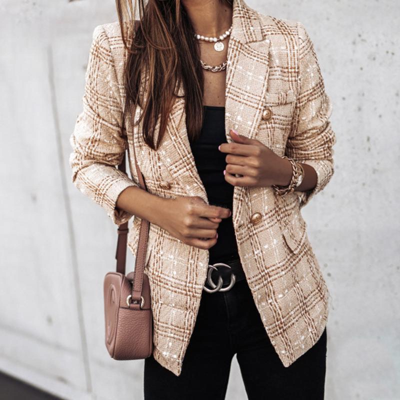 

Women's Jackets Autumn And Winter All-match Fashion Long-sleeved Double-breasted Suit Collar Plaid Print Small Coat Clothing Jacket, Black;brown