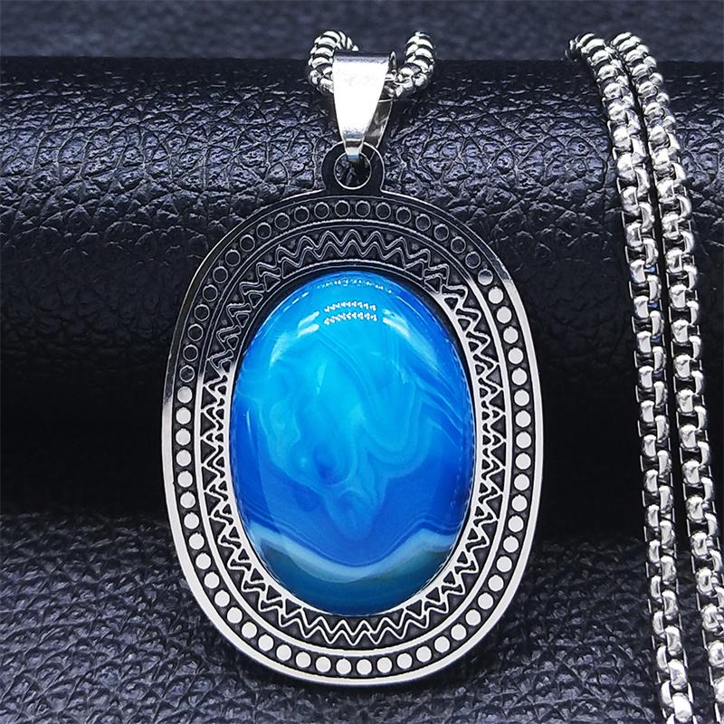 

Pendant Necklaces 2021 Fashion Blue Natural Stone Stainless Steel Necklace Men/Women Chain Oval Jewery Colgantes Mujer N3608S04