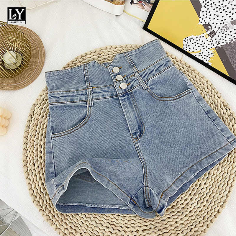 

LY VAREY LIN Summer Women Casual A Line Blue Wide Leg Pants Denim Shorts Fashion Button High Waist Pockets 210526