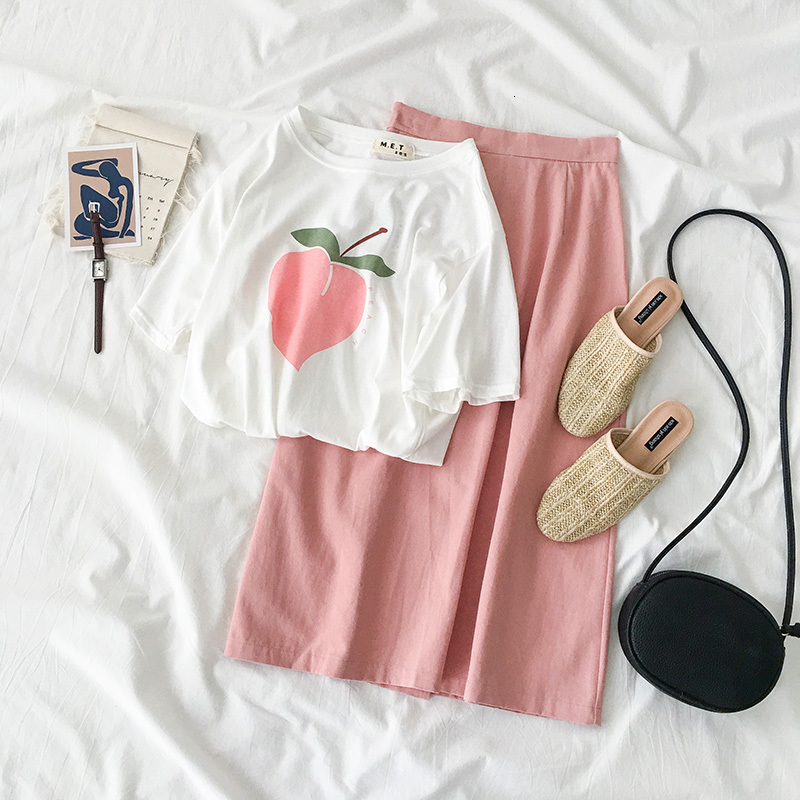 

2021 New Ulzzang Kawaii Peach Print Feminine Preppy Sweatshirt Sweet Style Loosey Short Sleeve Casual Korean Tops Schoolgirl Summer t E02t, White