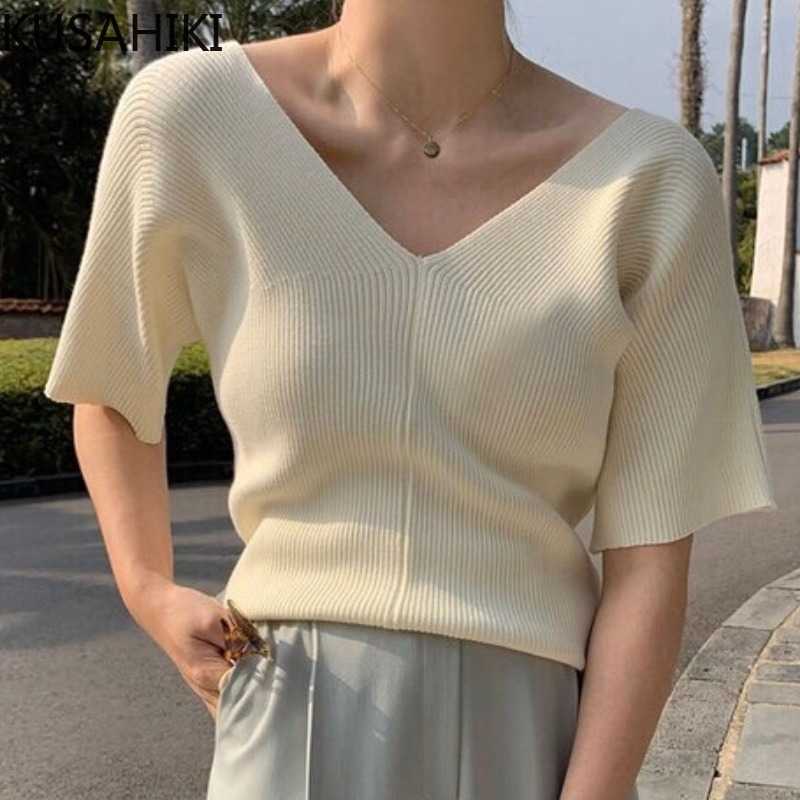 

Korea Chic Summer V-neck Knitwear Causal Solid Short Sleeve Women Jumper Thin Knitted Tops 6G475 210603, Beige