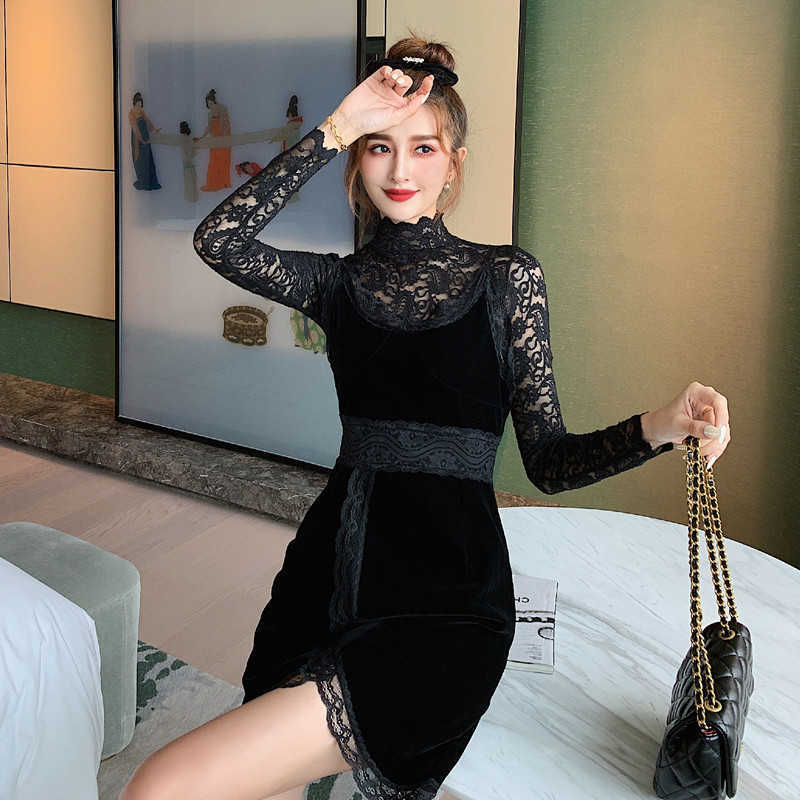 

Set autumn and winter ladies lace blouse + temperament fashion slim suspender skirt two-piece women 210603, Black