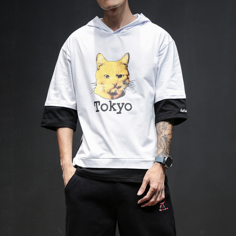

2021 New Arrived Hooded T-shirt Hip Hop Short Sleeve Hoodie Side t Shirt Cat Men Tokyo Letter Print Hoodies Design Leg8, Ivory