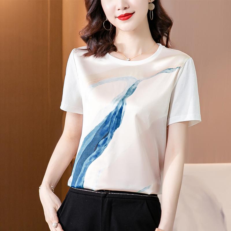 

Women's Blouses & Shirts 2021summer Blouse Style Silk Cotton Patchwork White Female Short-sleeved Printed Top O-neck OL Woman Tops And