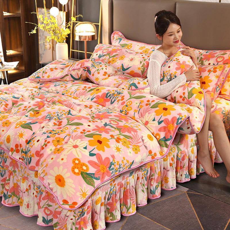 

Bedding Sets 4pcs Set Winter Warm Thicken Super Soft Velvet King Size 1pc Coral Fleece Duvet Cover +1pc Bed Sheet+2pcs Pillowcase, Color 2