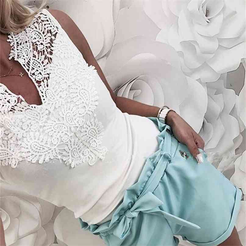 

Summer Women Tops Sleeveless Lace Hollow Slim Blouses Shirt Lady V-neck Vest Tee Clothes 210607, Blue