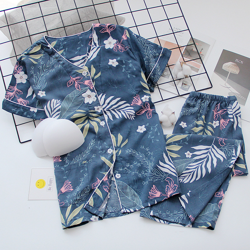 2021 Summer New Ladies V-neck Cardigan+pants Pajamas Set Printed Women Comfort Sleepwear Soft Thin Homewear with Chest Pad L770-image-660687422