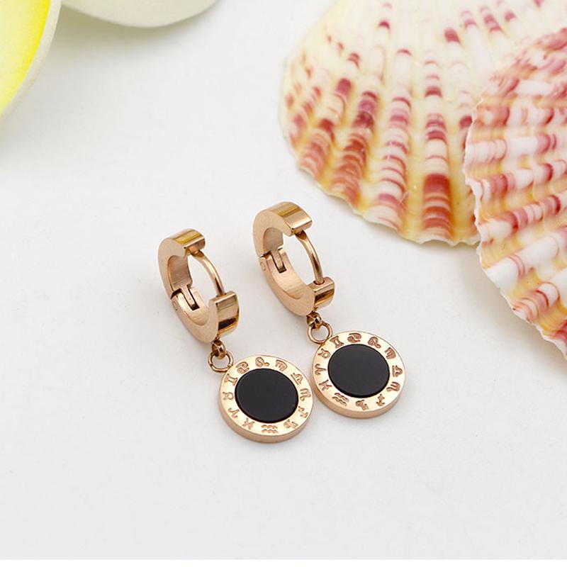 

Stud Buckle Twelve Constellations Black And White Shell Earrings Female Titanium Steel Colour Rose Gold Anti-allergic Earring