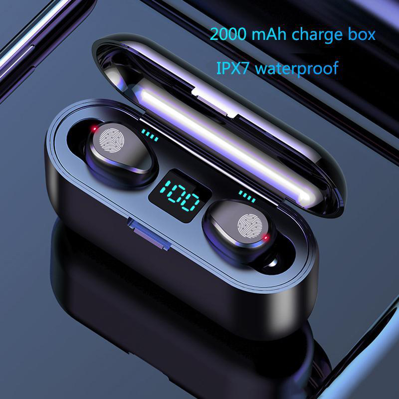 

F9 Wireless Earphone Bluetooth V5.0 Earbuds Headphone Cell Phone Earphones LED Display With 2000mAh Power Bank Headset Microphone, Black