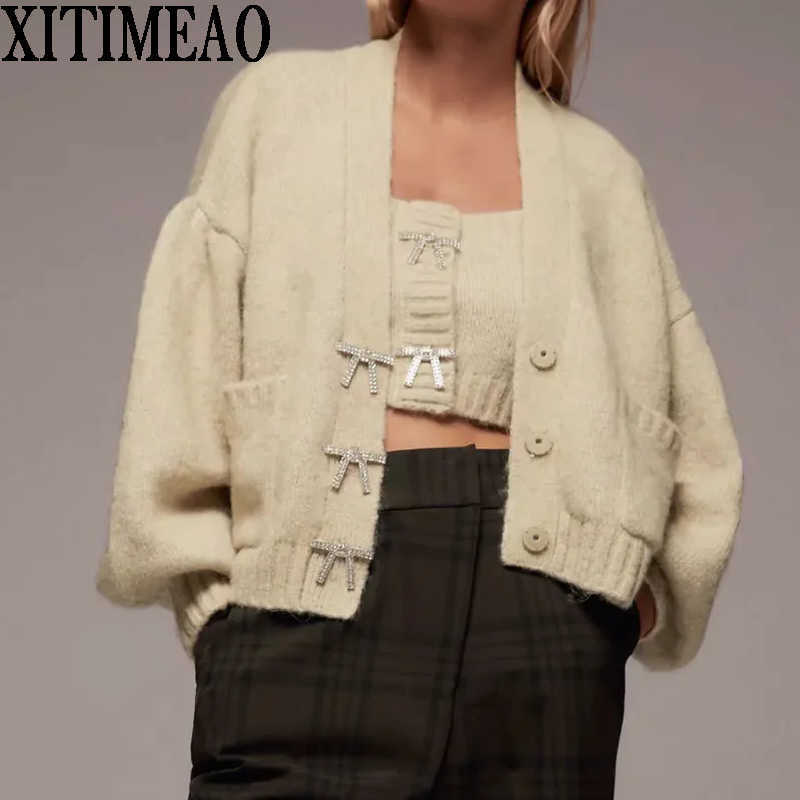 

ZA Women Fashion With Rhinestone Buttons Knitted Cardigan Sweater Vintage Long Sleeve Loose Female Outerwear Chic Tops 210602, As picture