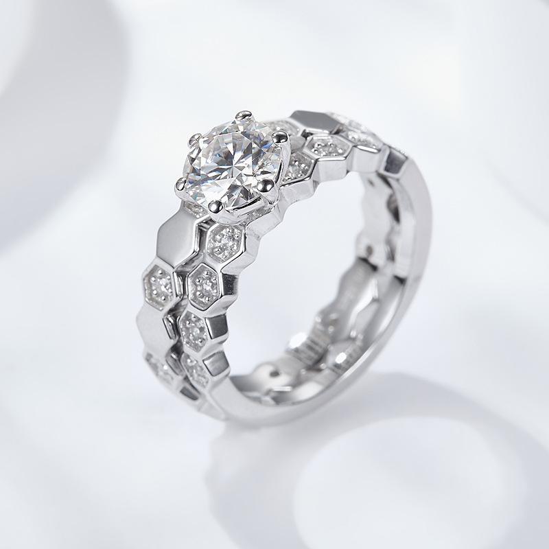 

Cluster Rings Moissanite Couple 2 In 1 White D Color 1ct S925 Silver Platinum Plated Round Six Prong Setting Cleaness With Certificate, Golden;silver