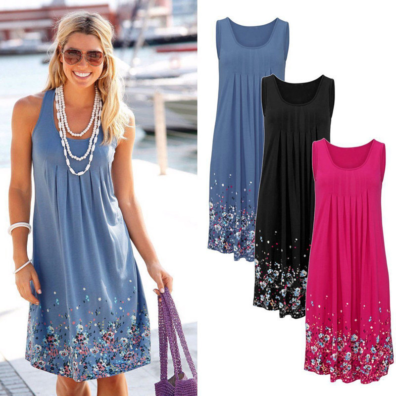 Floral imprimé Plage Robes Femmes Sexy A-Line Robe Sans manches Plissées Sundress Femme Gilet De Mode Femme Lâche Plus Taille Taille Casual Summe