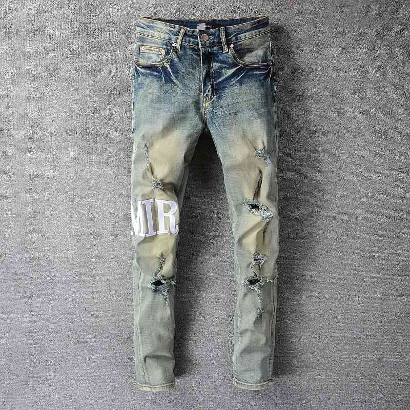 

Jeans Letter Embroidery Patch European American Slim Zipper Leisure Straight-tube Men's Washed Trousers, Light blue