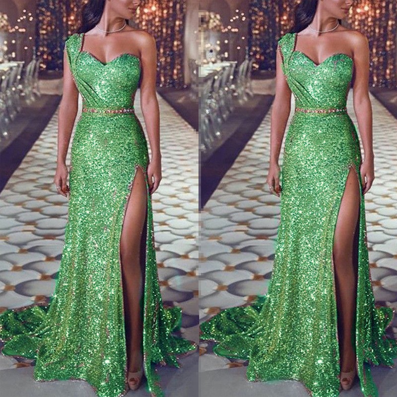 2022 New Green Evening Dresses Jewel Neck Beaded Sequined High Split Long Mermaid Prom Dress Sweep Train Custom Illusion Robes De Soirée-image-754572706