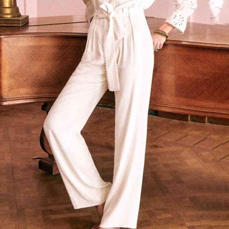 Women&#039;s Jeans Beige Wide Leg Pants Women High Waits Lace Patchwork Belt Loose Casual Trousers Elegant Office Lady Chic Long Pant R-image-704437635