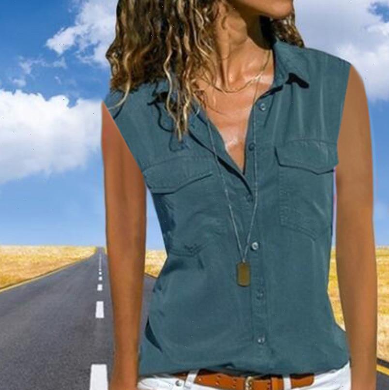 

Women Casual Solid Sleeveless Turn Down Pockets Button Front Shirt Tops womens tops and blouses Lady Tops tee shirt femme, White