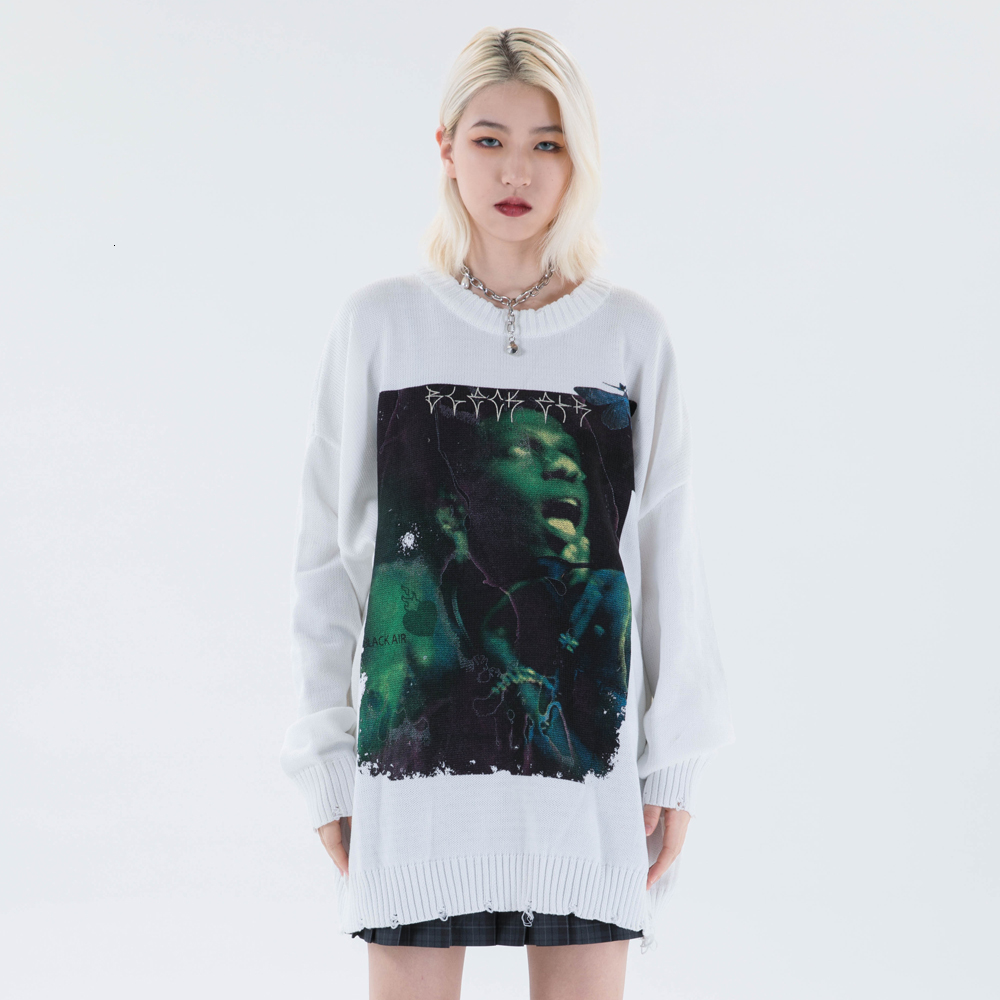 

2021 New Gothic Horror Movie Printed Sweater Men O-neck Hole Ripped Knitted Loose High Street Hipster Pullover Travis Streetwear Winter Kk2w, Black