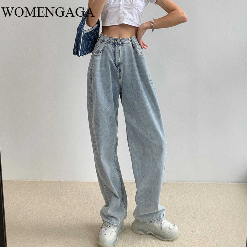 

WOMENGAGA Jean's Summer Autumn Thin High Waist Wide Leg Pants Straight Tube Fold Trouser SUDT 210603, Dark gray
