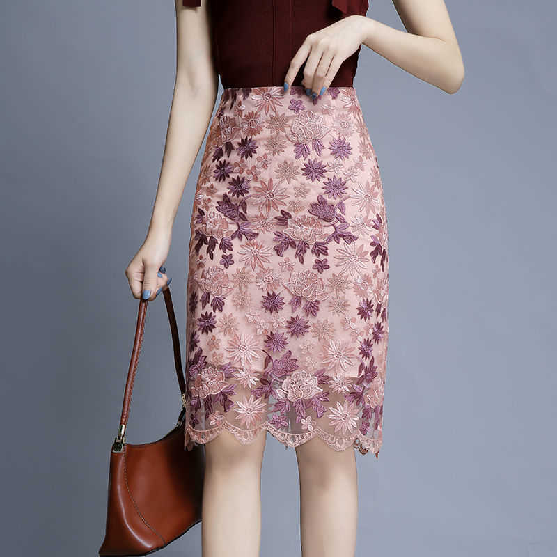 

summer mesh lace embroidery skirt bag hip high waist Print Casual Knee-Length Natural 210603, Burgundy